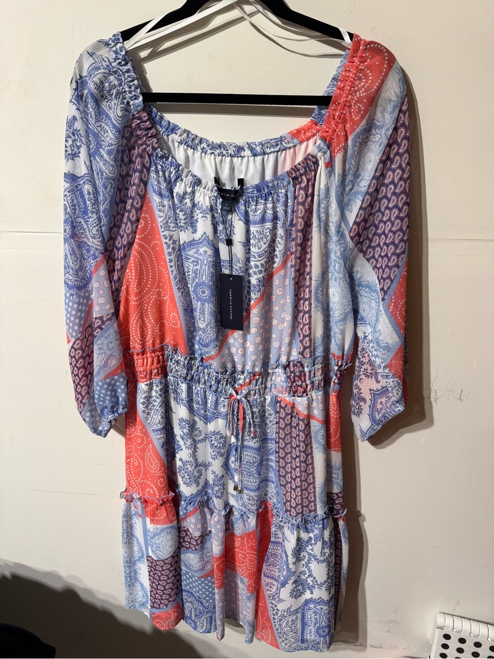 Brand New Patchwork Print Peasant Dress in Coral, Blue & White